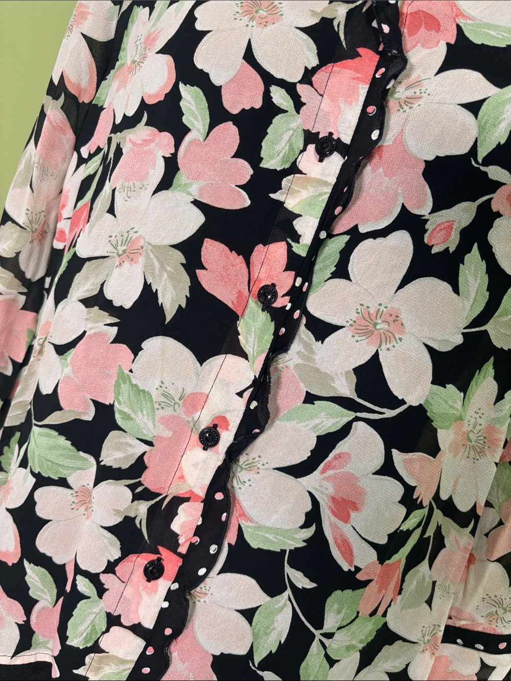100% Rayon Women's Black Floral Button-Front Blouse - Pink Floral - Picture 2 of 6